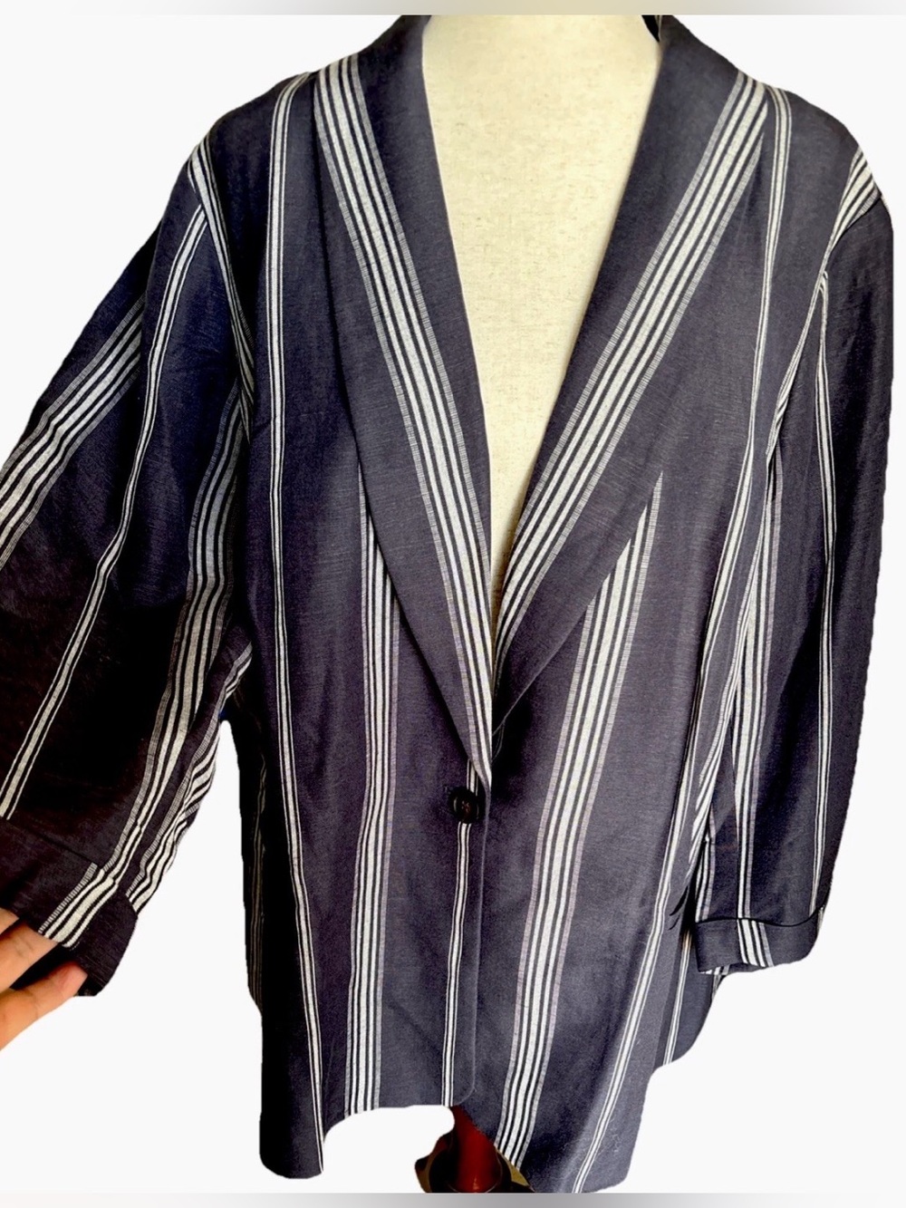 Lane Bryant Navy/White Striped Blazer linen blend lightweight button front 3X